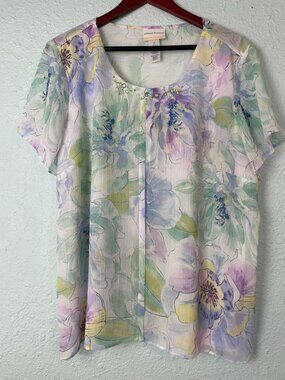 Alfred Dunner Women's Sheer Floral Embellished Top Short Sleeve Size 1X Blue 191